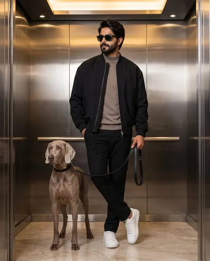 现代电梯中与魏玛犬合影的时尚男士