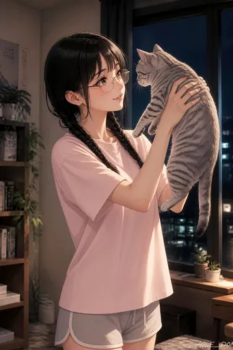 抱着虎斑猫的动漫少女