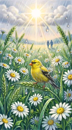 金翅雀与雏菊彩色铅笔画