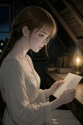 少女油灯下读信