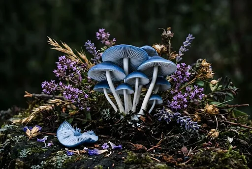 蓝色蘑菇静物画