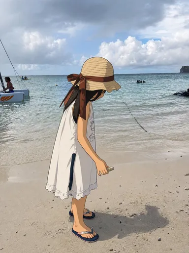 海滩实景中的动漫少女