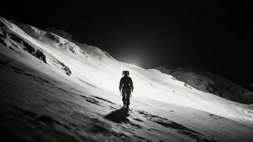 月光雪山下的孤独登山者