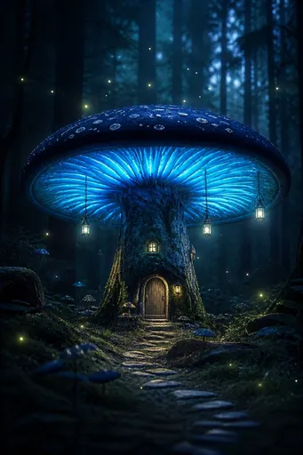 暗黑森林中的生物发光巨型蘑菇