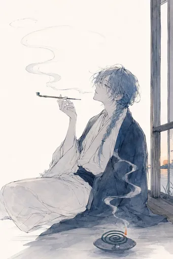 水彩动漫和服吸烟者