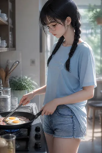 动漫少女烹饪培根煎蛋